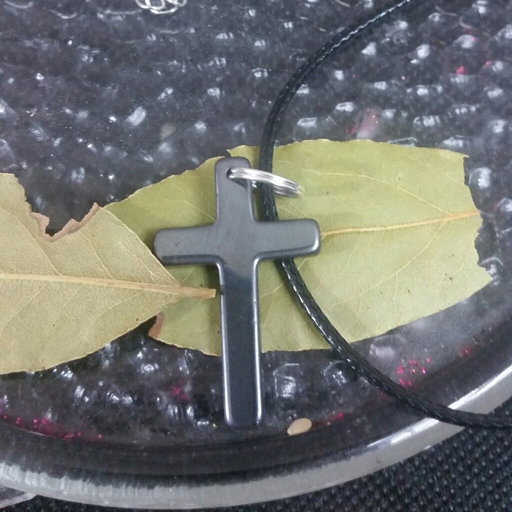 Hematite cross protection stone necklace black cord &  cat eye stone cross